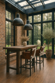 Conchita barstoel met armen, in tricolor koeienhuid