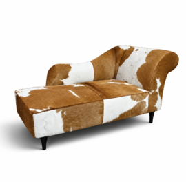 Josephine chaise longue 160cm, lichtbruin met wit koeienhuid