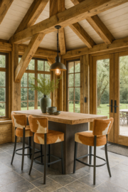 Bistro barstoel met rug, lichtbruin met wit koeienhuid