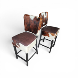2x Bistro barkruk in bruin tricolor koeienhuid met bruin leder