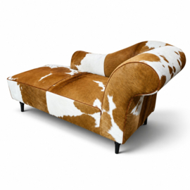 Josephine chaise longue 160cm, lichtbruin met wit koeienhuid