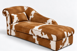 Bertha chaise longue 160cm, bruin met wit koeienhuid