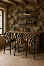 Bistro barstoel met rug, in zebralook koeienhuid