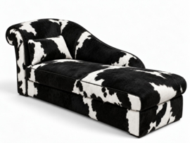 Bertha chaise longue 160cm, zwart met wit koeienhuid