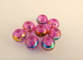 Roze glaskraal met blauw en goud rond 6 mm