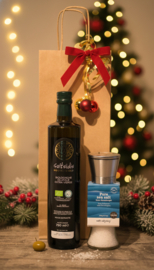 Saltsidis Bio Cretan Gold Olijfolie extra vierge 750ml &100% natuurlijke ZEEZOUTVLOKKEN Molen glas/RVS (inox), 190g- navulbaar