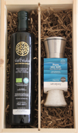 1x Saltsidis Bio Cretan Gold Olijfolie extra vierge 750ml &100% natuurlijke Zeezoutvlokken Molen glas/RVS (inox), 190g- navulbaar
