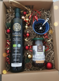 Kerstbox  Bio Cretan Gold olijfolie, bio olijven  en schaaltje