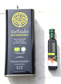Tijdelijk 5 liter Blik Olijfolie Saltsidis Bio Cretan Gold uit Kreta extra vierge- Gold Taste Olymp Award 2023 & Biologische Balsamico kalamata azijn, 250 ml