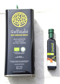 5 liter Blik Olijfolie Saltsidis Bio Cretan Gold uit Kreta extra vierge- Gold Taste Olymp Award 2023 & Biologische Balsamico kalamata azijn, 250 ml