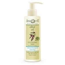 Aphrodite cleansing milk, olijfolie en aloë vera, zonder parabenen.