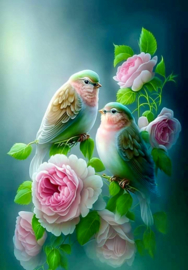 Twee vogeltjes op rozen takjes (40X50cm (full painting)