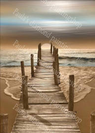 Steiger op het strand met ondergaande zon (40x50cm full painting)