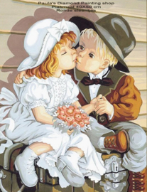 Meisje en jongen zoenend op een bankje (40x50cm full painting)