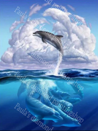 Dolfijnen zwemmend en springend in het water (40x50cm full painting)