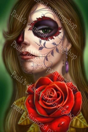 Vrouw met tatoo's in gezicht met een roos (40x50cm full painting)