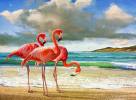 Drie Flamingo's aan het strand (40x50cm full painting)
