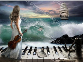 Vrouw met viool en piano en schip aan de zee (40x50cm full painting)
