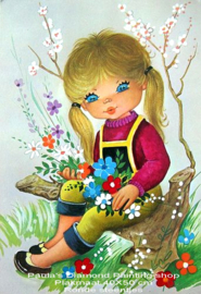 Bloemen meisje zittend op een boomstronk (40x50cm full painting)