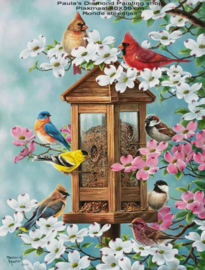 8 Vogeltjes bij voederhuisje en bloemen (40x50cm full painting)