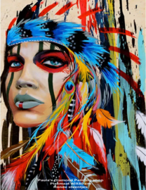 Indiaanse dame met fel gekleurde hoofdtooi (40x50cm full painting)
