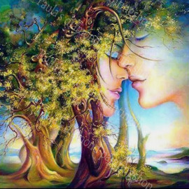 Twee gezichten vrouw en man tussen de bomen (40x50cm full painting)