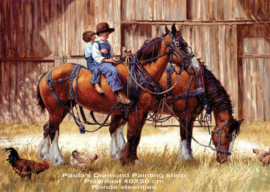 Twee kindertjes op een paard en kippen (40x50cm full painting)