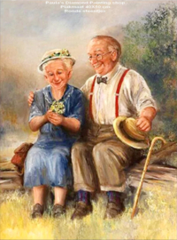 Oma en Opa zittend op boomstam (40x50cm full painting)