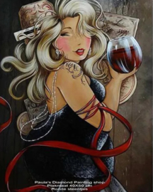 Dikke dame met groot glas rode wijn  (40x50cm full painting)