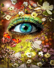 Close up van een oog met vlinders en bloemen (40x50cm full painting)