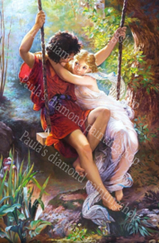 Meisje en jongen verliefd op een schommel (40x50cm full painting)