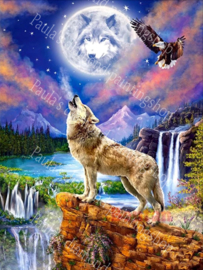 Wolf op een muurtje met een arend in de bergen (40x50cm full painting)