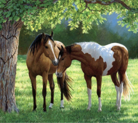 Twee paarden verliefd onder een boom (40 bij 50cm full painting)