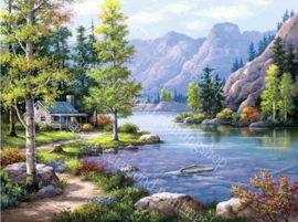 Huis aan een meer tussen de bergen (40x50cm full painting )