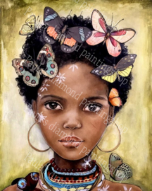 Afrikaans meisje met vlinders in het haar (40x50cm full painting)