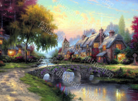 Engelse cottage met kerkje en een brugje  (40x50cm full painting)