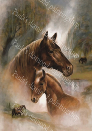 Een paard met haar veulen in de wei (40x50cm full painting)
