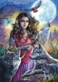 Jonge dame met drie wolven en een welpje  (40x50cm full painting)