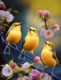 Drie gele vogeltjes op een bloementakje THD 1108