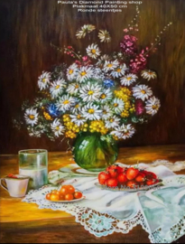 Bloemen in vaas en aardbeien op tafel (40x50cm full painting)