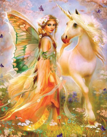 Engeltje staande bij een  eenhoorn paard (40X50cm full painting)
