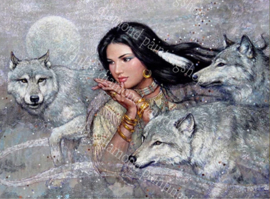 Indiaanse met 3 wolven met volle maan op de achtergrond  (40x50cm full painting)