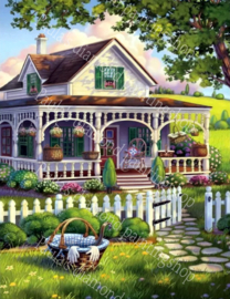 Mooi landelijk huisje met rieten manden(40x50cm full painting)