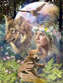 Meisje met wolven jong en moeder en Uil  (40x50cm full painting)