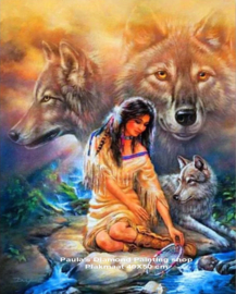 Indiaanse zittend met 3 wolven  (40x50cm full painting)