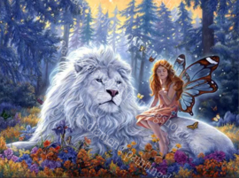 Grote Leeuw met een elfje op zijn rug  (40x50cm full painting)