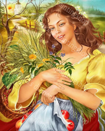Jonge mooie dame met appels in haar schortje (40x50cm full painting)