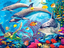 4 Dolfijnen zwemmen tussen andere dieren  (40x50cm full painting)