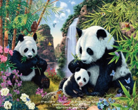 Twee Panda's met twee jongen bij waterval (40x50cm) (full painting)