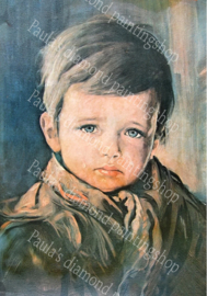 Een jongetje met tranen in zijn ogen vierkante steentjes (40x50cm full painting)